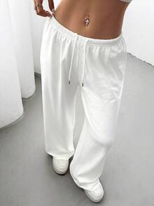 Women's Casual Solid Color Drawstring Waist Sports Pants - White - View 5
