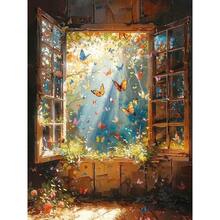 5D钻石画套装 - 窗边蝴蝶图案，圆形水晶水钻，无框马赛克艺术，家居墙面装饰，钻石画套装，马赛克工艺品 - 彩色 - 查看 7