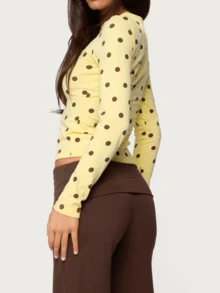 Polka Dot Tops For Women Y2K Long Sleeve Crop Top Ladybug Costume Vintage Cute Slim Fit Crew Neck Shirt Going Out Streetwear - Màu vàng - Xem 3