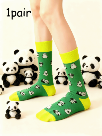 1 双女士可爱熊猫中筒袜，时尚、透气、舒适，适合所有季节，秋冬、圣诞节