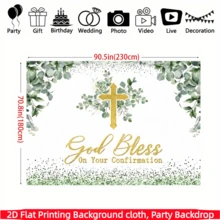 Banner de fundo religioso plano 2D com cruz - Feito de tecido de poliéster, decorado com cruz dourada, folhas de eucalipto verde e a frase "Deus abençoe sua confirmação", adequado para celebrações de confirmação cristã, eventos religiosos, decoração interna/externa e fundo para fotos. - Multicolorido - Ver 7
