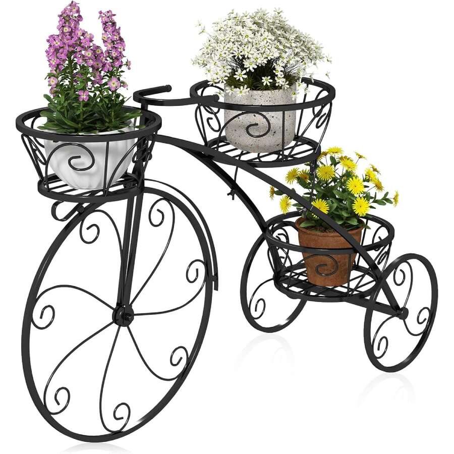 Plant Shelf In Bicycle Motif, Flower Shelf With 3 Levels, Metal Flower Stand, With Handle, Free Standing, For Indoor And Outdoor Use, For Garden, Balcony And Terrace, Black - 黑色 - 查看 1