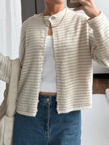 Womens Striped Cardigan Sweater Casual Crew Neck Open Front Button Down Long Sleeve Knit Sweaters Fall Outerwear - 淺黃色 - 查看 3