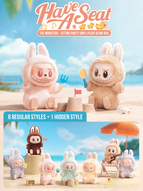  Pop Mart Monster Party Series Plush Blind Box - 6 Regular Versions + 1 Hidden Version, Adorable Rabbit Monster Beach Themed (Sandcastle/Guitar/Ice Cream), 15cm Tall, With Detachable "Monster" Logo Strap, Ideal For Pop Mart Collectors, Beach Lovers, And Blind Box Enthusiasts