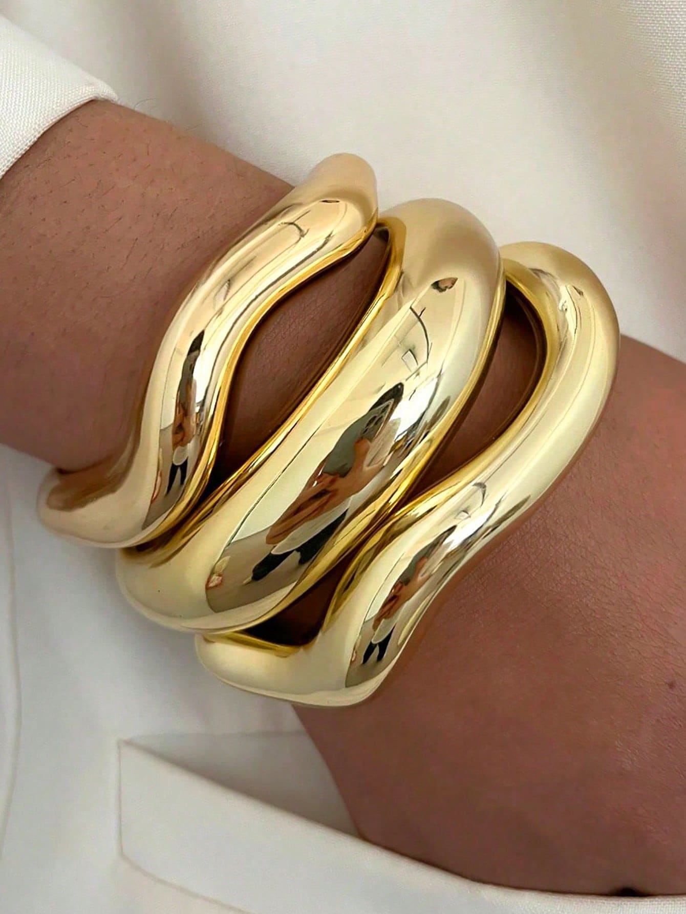 3/1pc Vintage Elegant Bohemian Style CCB Material Lightweight Delicate Wavy Open Bangle Bracelet Set, Suitable For Women's Daily, Party, Date, Vacation Wear, Stackable, Perfect Gift Choice - Gold - View 1