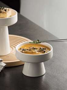 1pc Minimalist White Ceramic High-Foot Plate, Design Bowl For Dessert, Snacks, Fruit Sweets, Home Dining, Pudding, Elegant Decor Plate