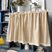 1pc Light Brown Plaid Short Curtain, Retro Japanese Style Window Curtain, Half-Shading Cabinet Curtain, Bathroom Small Window Curtain - Multicolor - View 9