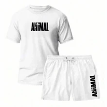 KIT CONJUNTO ACADEMIA ANIMAL CAMISETA 100% ALGODAO+SHORT TECTEL MASCULINO LANÇAMENTO TOP - cáqui/preto - Visão 3