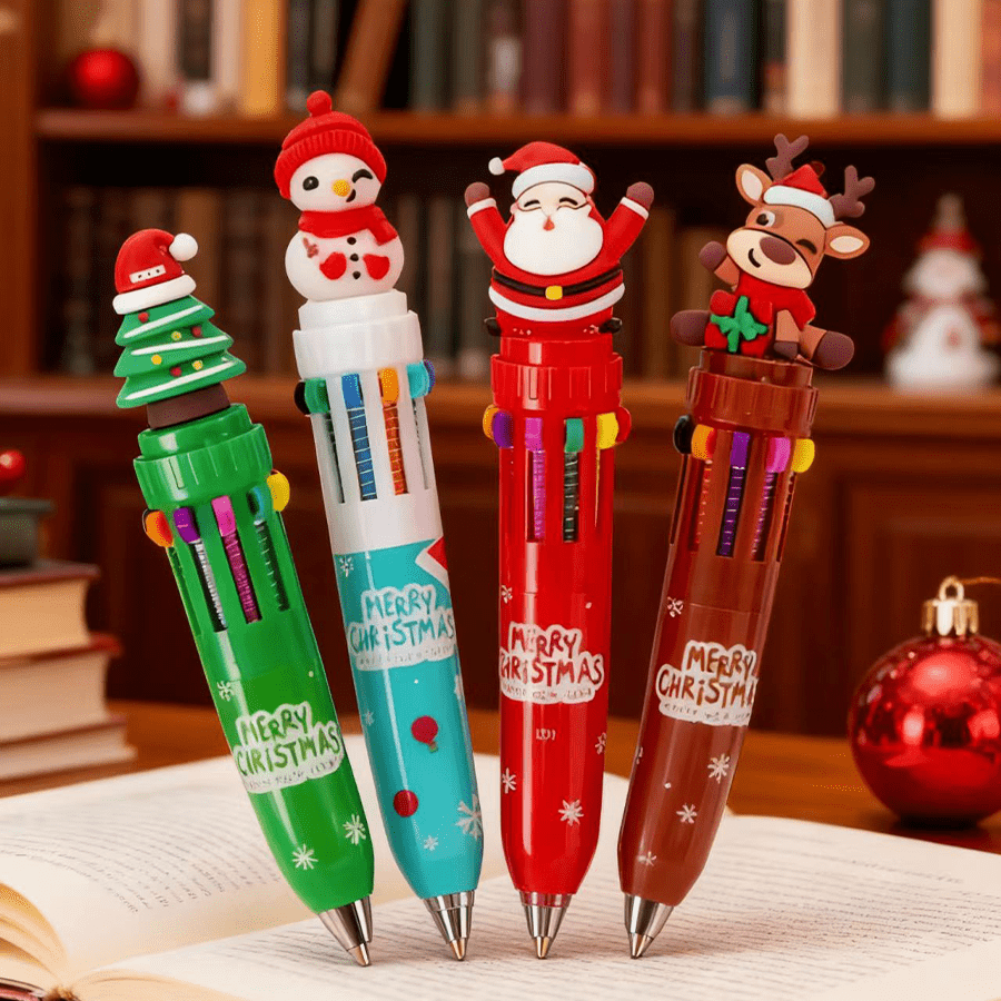 Christmas-Themed 10-Color Ballpoint Pen Is A Creative Stationery Item. The Pen Body Features Cartoon Cute Designs Like Santa Claus, Snowmen, Reindeer, And Christmas Trees, Brimming With A Festive Atmosphere. With Bright Colors And Adorable Shapes