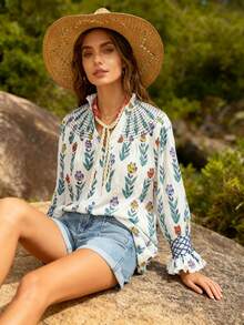 1pcs Floral Print Long-Sleeved Women's Shirt Top With Buttons, Ruffled Stand-Up Collar, Ruffled Shoulders And Cuffs, Machine Washable Fabric, Suitable For Autumn And Winter