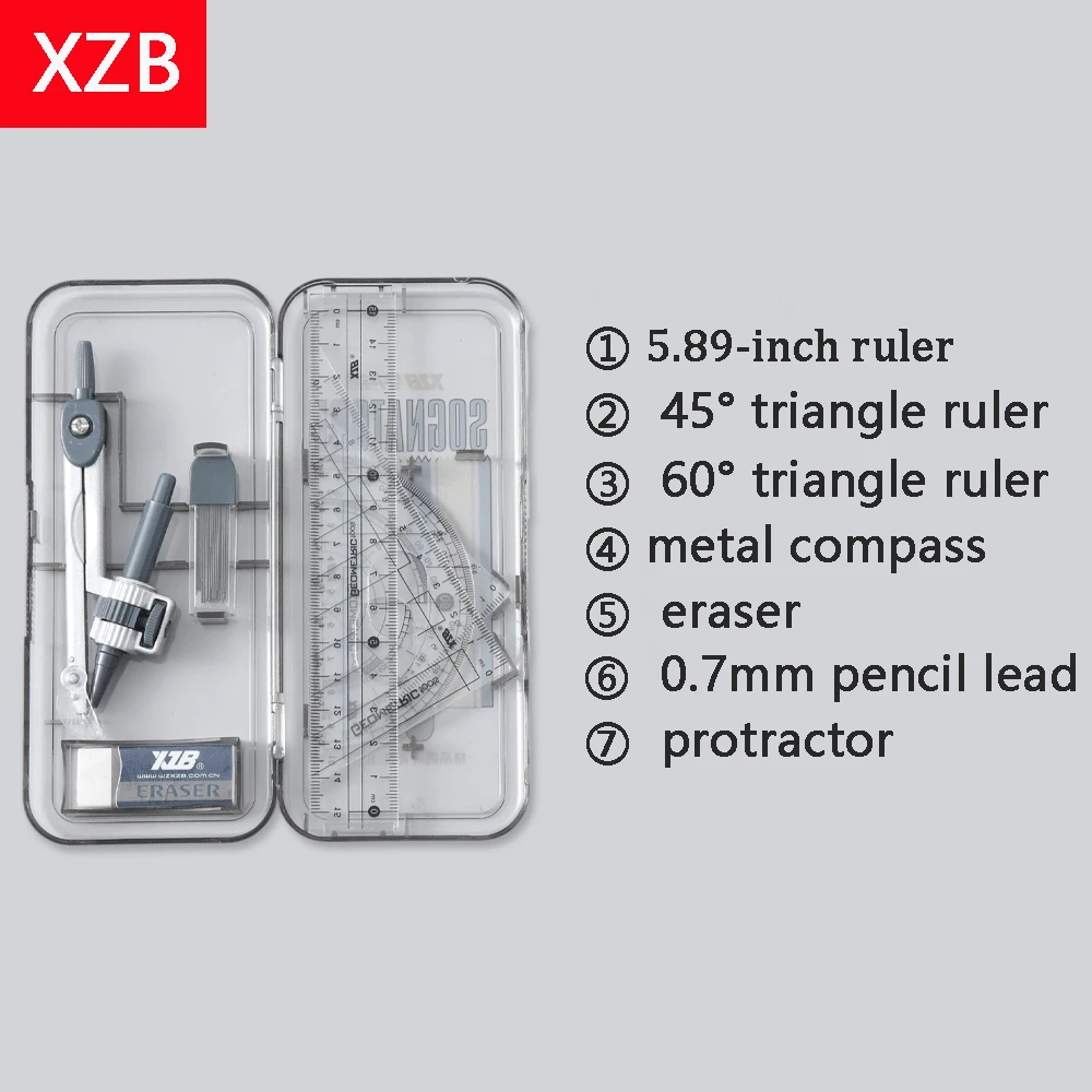 7-Piece Math Geometry Set-45° & 60° Triangles,Ruler, Eraser,Lead Refills,Compass,Protractor For Students & Professionals