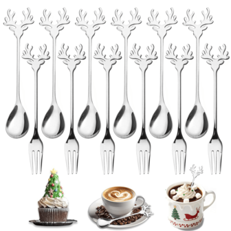 12/24 piezas Juego de cucharitas de café y tenedores de fruta con forma de reno, cucharas y tenedores de postre de acero inoxidable premium, cucharitas de helado y cucharas para mezclar lindas, gran regalo para Navidad/Acción de Gracias/Año Nuevo, decoración de mesa, pulido espejo, apto para lavavajillas