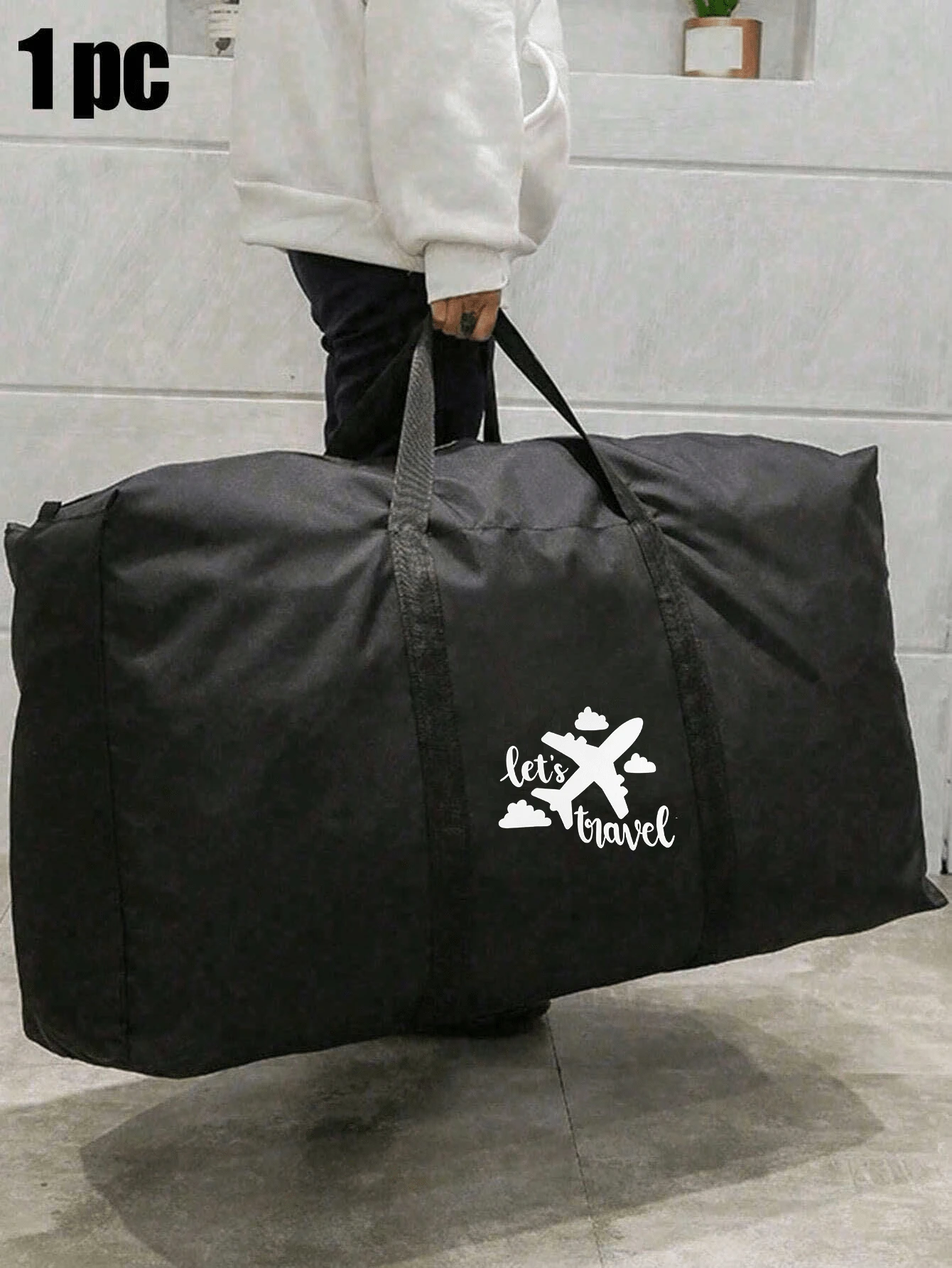 黑色可折叠旅行包，男女通用衣物收纳袋，手提大容量包，饰有地球旅行主题图案、埃菲尔铁塔和其他著名建筑图案，多功能旅行收纳包 - 彩色 - 查看 1