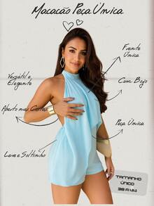 Elegant Women's One-Piece Jumpsuit With Neck Tie, Open Back, Duna Fabric, Summer Fashion Romper - 淺藍色 - 查看 2