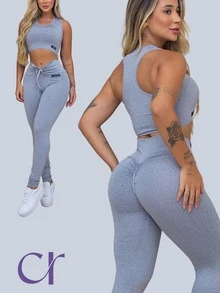 Women's Butt Lifting Top And Leggings Set ZERO TRANSPARENCY Gym - 淺灰色 - 查看 9