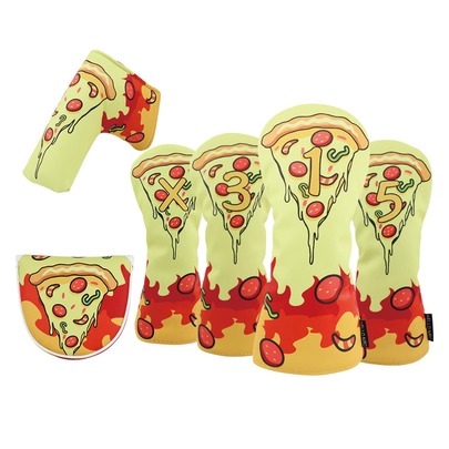 غطاء نادي الغولف بطبعة غنية بالرسوم الكرتونية للبيتزا، غطاء لشفرة الأداة والمالت والبتر والسائق والهجين، من جلد PU عالي الجودة وقوي، بأرقام كبيرة