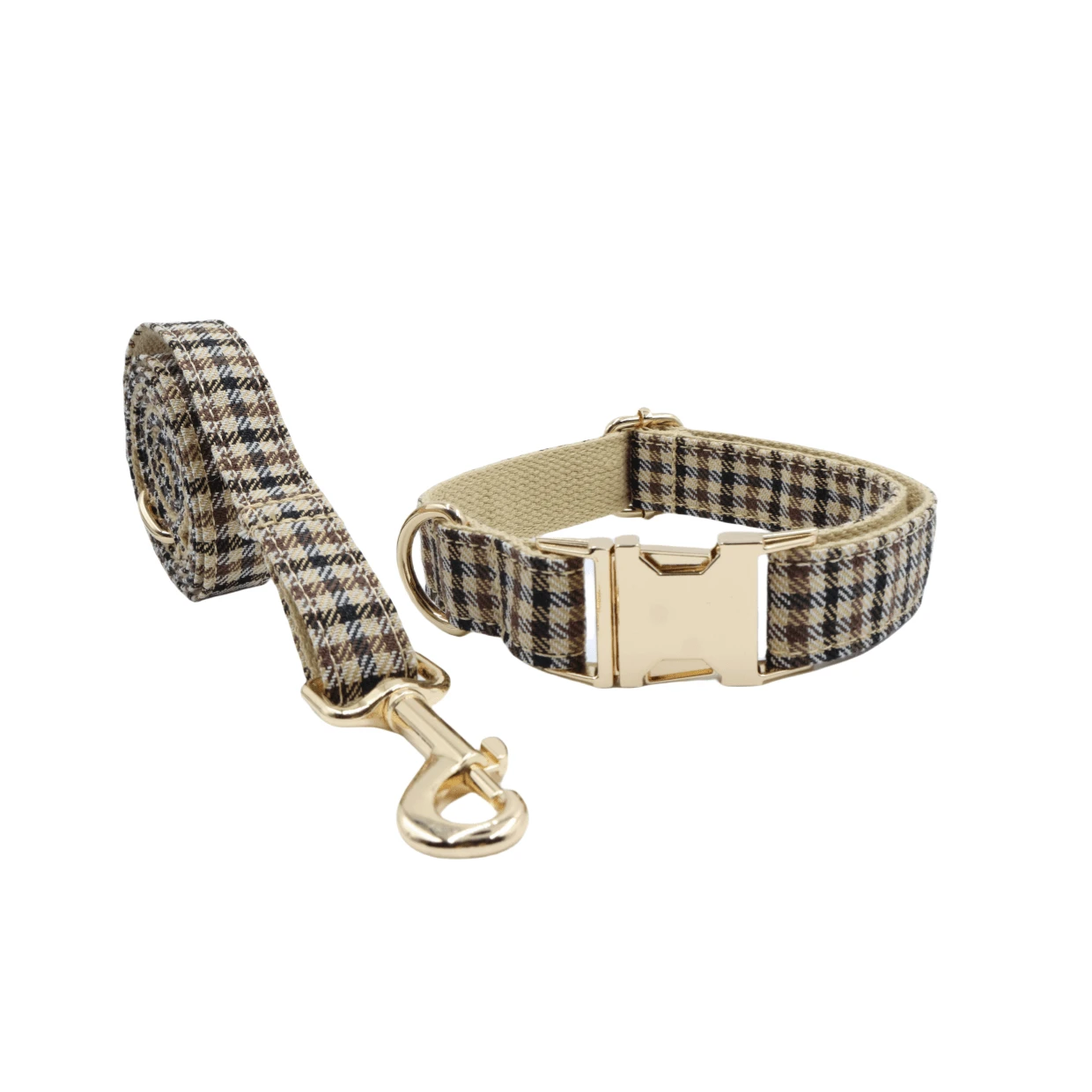 1 Set Of 2 Soft And Comfortable Houndstooth Zinc Alloy Pet Collar And Leash, Suitable For Small, Medium And Large Dogs, Pet Collar, Dog Collar, Zinc Alloy Design Sturdy And Durable, Easy To Buckle And Unbuckle, High-End Dog Collar, Wedding, Valentine's Day (Due To Differences In Fabric, Batch And Color, There May Be Slight Differences, Random Shipment) - Khaki - View 1