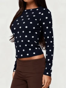 Polka Dot Tops For Women Y2K Long Short Sleeve Tee Crop Top Vintage Cute Slim Fit Crew Neck Shirt Going Out Streetwear - 藏蓝色 - 查看 3