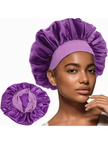 1 szt. Satynowy jedwabny czepek do spania, satynowe jedwabne czepki do włosów dla śpiących kobiet, fioletowy szeroki satynowy czepek do spania z szeroką opaską do włosów kręconych, czepek prysznicowy - Wielokolorowe - Zobacz 2
