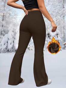Plus Size Women High Waist Solid Color Winter Warm Flare Pants, Sports Yoga Leggings, Compression Tight Pants For Running Fitness, Women Leggings, Women Clothing - Brown - View 4