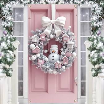 1pc, 2D Christmas Cute Snowman Banner, Cute Pink Floral Wreath Decoration Ball Hanging Background Sign, 35.4x70.8-Inch Photo Booth Props, Indoor And Outdoor Party Supplies (5)
