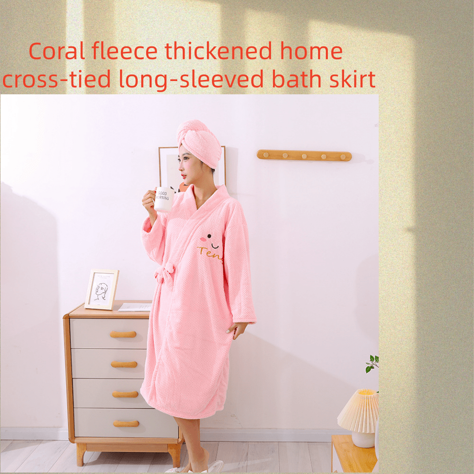 Soft Coral Fleece Bathrobe With Braided Trim And Bowknot Design, Absorbent And Lint-Free, Can Be Worn Outerwear