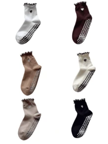 6双装女士防滑普拉提瑜伽袜，中筒袜，专业健身透气防滑袜，可爱硅胶材质，耐磨，心形刺绣蕾丝运动袜 - 彩色 - 查看 12