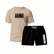 KIT CONJUNTO ACADEMIA ANIMAL CAMISETA 100% ALGODAO+SHORT TECTEL MASCULINO LANÇAMENTO TOP - cáqui/preto - Visão 1