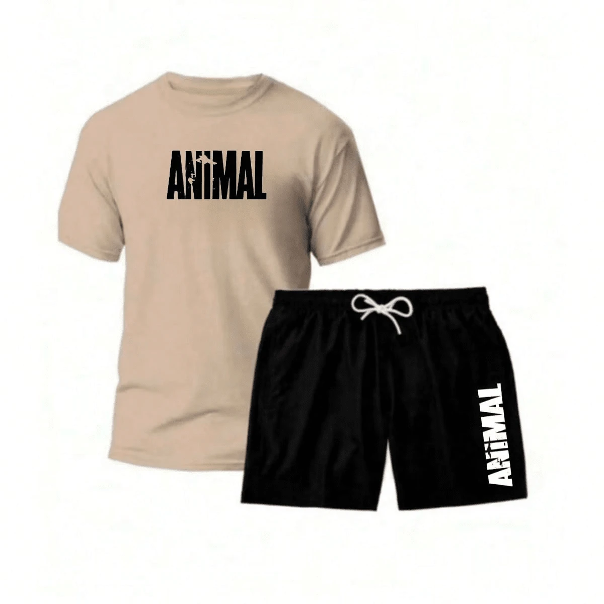 KIT CONJUNTO ACADEMIA ANIMAL CAMISETA 100% ALGODAO+SHORT TECTEL MASCULINO LANÇAMENTO TOP - cáqui/preto - Visão 1