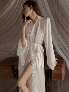 Vestaglia in seta ghiacciata sexy stile francese, camicia da notte da donna, pigiama estivo da donna, abito da notte lungo in pizzo con maniche lunghe, abbigliamento da casa