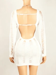 Sexy Hollow Out Backless Bodycon Mini Dress, Nightclub Outfit For Women, Long Sleeve Knit Skirt, Summer - White - View 4