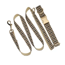 1 Set Of 2 Soft And Comfortable Houndstooth Zinc Alloy Pet Collar And Leash, Suitable For Small, Medium And Large Dogs, Pet Collar, Dog Collar, Zinc Alloy Design Sturdy And Durable, Easy To Buckle And Unbuckle, High-End Dog Collar, Wedding, Valentine's Day (Due To Differences In Fabric, Batch And Color, There May Be Slight Differences, Random Shipment) - Khaki - View 2