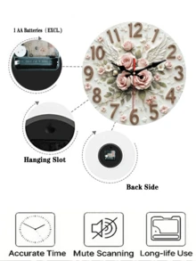 1 Pc 10 Inch/12 Inch Round Wall Clock, 2D Style, Decorated With Pink Roses And Angel Wings, Silent And Non-Tick-Tick, Suitable For Home Decoration And Gift Giving, Requires AA Batteries (Batteries Not Included)