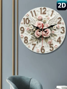 1 Pc 10 Inch/12 Inch Round Wall Clock, 2D Style, Decorated With Pink Roses And Angel Wings, Silent And Non-Tick-Tick, Suitable For Home Decoration And Gift Giving, Requires AA Batteries (Batteries Not Included)