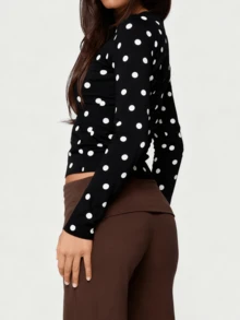 Polka Dot Tops For Women Y2K Long Sleeve Crop Top Ladybug Costume Vintage Cute Slim Fit Crew Neck Shirt Going Out Streetwear - 黑色 - 查看 3