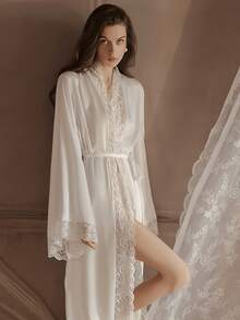 Vestaglia in seta ghiacciata sexy stile francese, camicia da notte da donna, pigiama estivo da donna, abito da notte lungo in pizzo con maniche lunghe, abbigliamento da casa