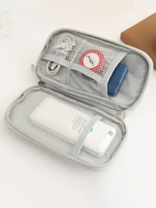 1 pièce Sac de rangement à fermeture éclair à simple couche avec un cordon, imprimé d'un motif d'étoile à cinq branches et d'un nœud rouge. Sac de rangement multifonctionnel, pour câbles de données, écouteurs, sac de rangement portable pour les voyages