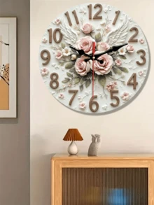 1 Pc 10 Inch/12 Inch Round Wall Clock, 2D Style, Decorated With Pink Roses And Angel Wings, Silent And Non-Tick-Tick, Suitable For Home Decoration And Gift Giving, Requires AA Batteries (Batteries Not Included)