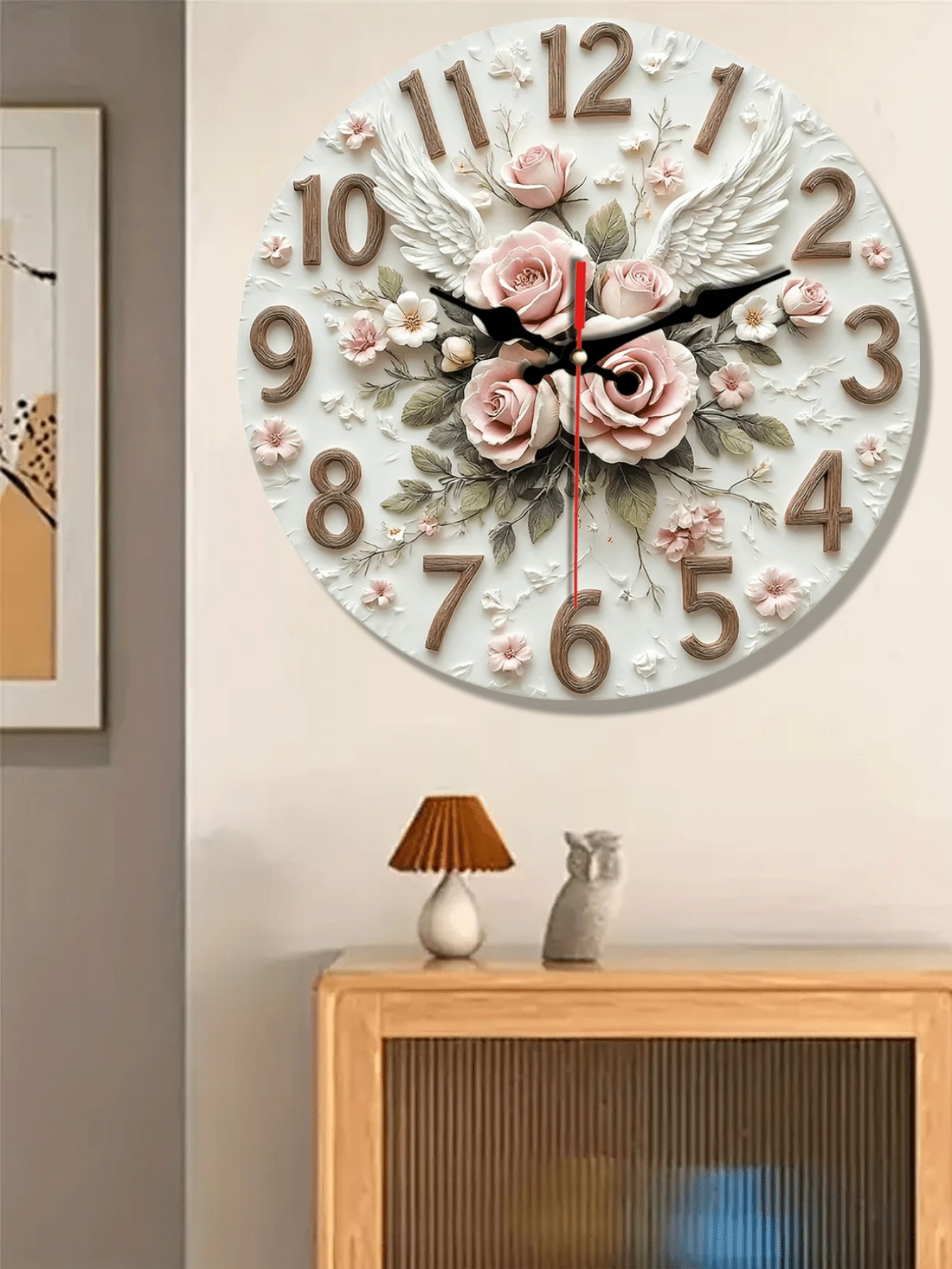 1 Pc 10 Inch/12 Inch Round Wall Clock, 2D Style, Decorated With Pink Roses And Angel Wings, Silent And Non-Tick-Tick, Suitable For Home Decoration And Gift Giving, Requires AA Batteries (Batteries Not Included)