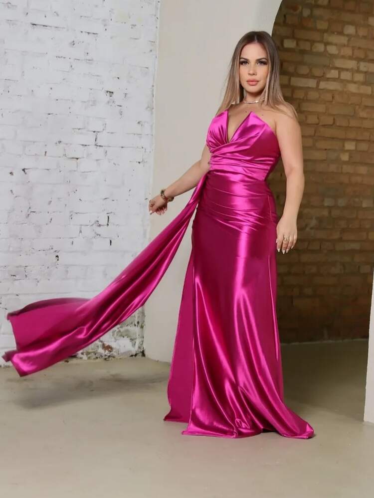Women's Strapless Dress With Slit Graduation Party Wedding Bridesmaid Guest - Màu Hồng Tươi - Xem 3