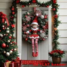 2D flaches Weihnachts-Feentür-Schild - Moderne Polyester-Kranz-Dekoration, Innen- und Außen-Weihnachtsdekoration, geeignet als Fotorequisite und Partyzubehör