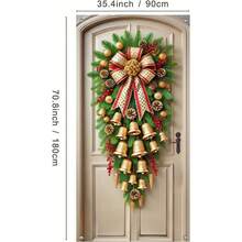 1pc, Festive Christmas Door Wreath With Golden Bells And Red Ribbon, Polyester Door Cover Banner, 70.8x35.4 Inches, Holiday Home Decor For Front Door, Party Banner For Festive Event Decoration
