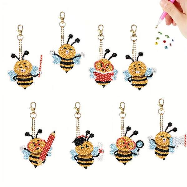 8 piezas Llaveros con diseño de abeja de maestro, Accesorios de arte de diamante con tema de animales de dibujos animados, Llaveros de doble cara con rhinestones DIY adecuados para principiantes, Regalos hechos a mano para cumpleaños, Regalos de Navidad y Halloween