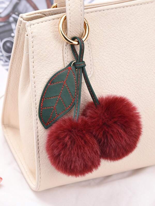1pc Elegant & Fashionable Cherry Leather With Green Leaf Universal Pendant Keychain, Suitable As Gift For Family, Couples, Friends - Keychain, Bag Charm, Phone Charm