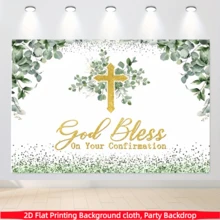 Banner de fundo religioso plano 2D com cruz - Feito de tecido de poliéster, decorado com cruz dourada, folhas de eucalipto verde e a frase "Deus abençoe sua confirmação", adequado para celebrações de confirmação cristã, eventos religiosos, decoração interna/externa e fundo para fotos. - Multicolorido - Ver 5