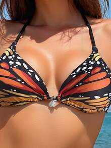 Women's Butterfly Print Bikini Set - Halter Neck & Side Tie Bottoms For Summer Beach Vacations - Multicolor - View 3