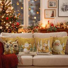 4pcs Christmas Gold Cute Snowman, Reindeer And Santa Claus Pillow Cover Set, Single-Sided Printed Plush Polyester Material, 45*45/50*50*40*40CM Cushion Cover For Modern Fabric Sofa Indoor Decor, Party Decoration, Gift