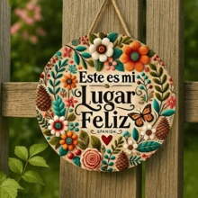 1pc 2D Flat Vintage Iron Sign Wall Decor - "My Happy Place" Spanish Quote Wall Art, Home, Restaurant, Bar, Cafe, Garage Decoration, Predrilled Holes, As Shown In Size - Multicolor - View 3