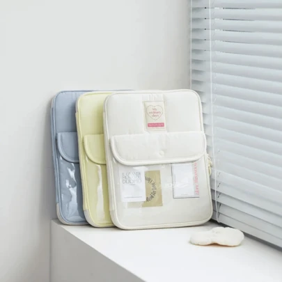 1个韩版可爱PU透明DIY防水电脑包，适用于10-14英寸笔记本电脑，多层便携式收纳包，男女通用旅行必备笔记本电脑包/电脑包/电脑套