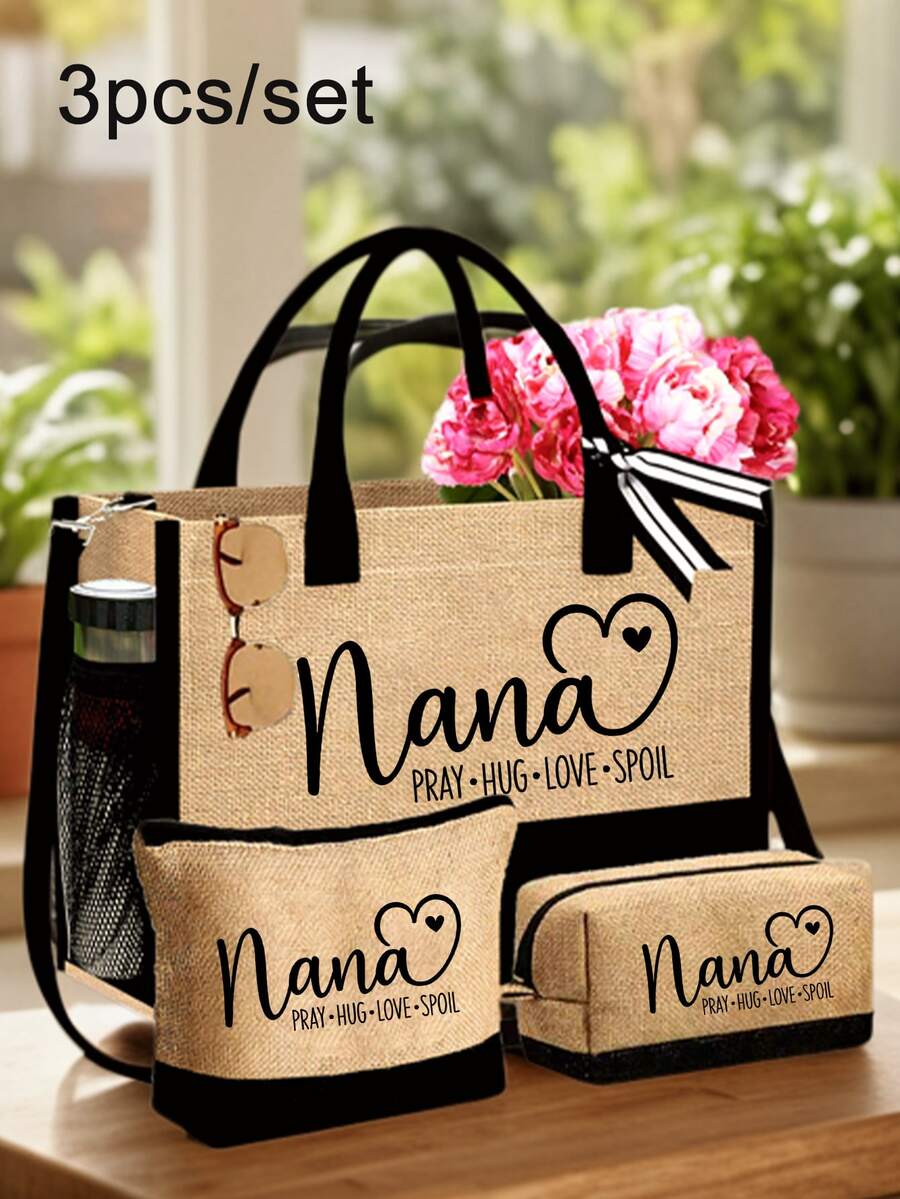 3-Piece Linen Tote Bag Set, Featuring Nana Love Letter Pattern, Fashion Handbag, Wallet, Portable Casual Storage Tote Bag, Large Capacity Tote, Multifunctional Shoulder Bag, Handbag, Fashionable Travel Storage Bag, Hygiene Bag, Perfect For Holiday, Birthday, Valentine's Day, Autumn/Winter Gifts